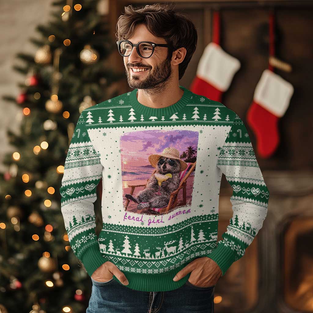 Feral Girl Summer Ugly Christmas Sweater Funny Raccoon Summer Beach Meme TS14 Beige Green Print Your Wear