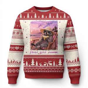 Feral Girl Summer Ugly Christmas Sweater Funny Raccoon Summer Beach Meme TS14 Beige Red Print Your Wear