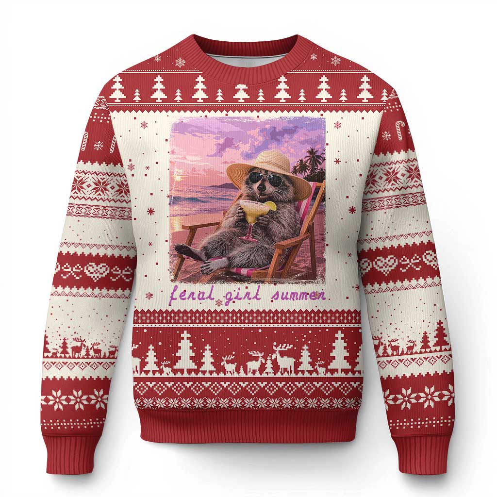 Feral Girl Summer Ugly Christmas Sweater Funny Raccoon Summer Beach Meme TS14 Beige Red Print Your Wear