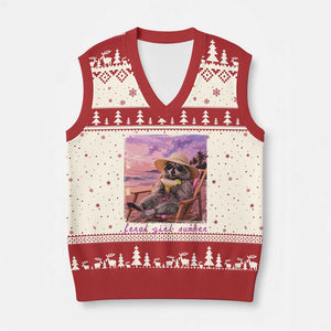 Feral Girl Summer V-Neck Knit Sweater Vest Funny Raccoon Summer Beach Meme TS14 Beige Red Print Your Wear