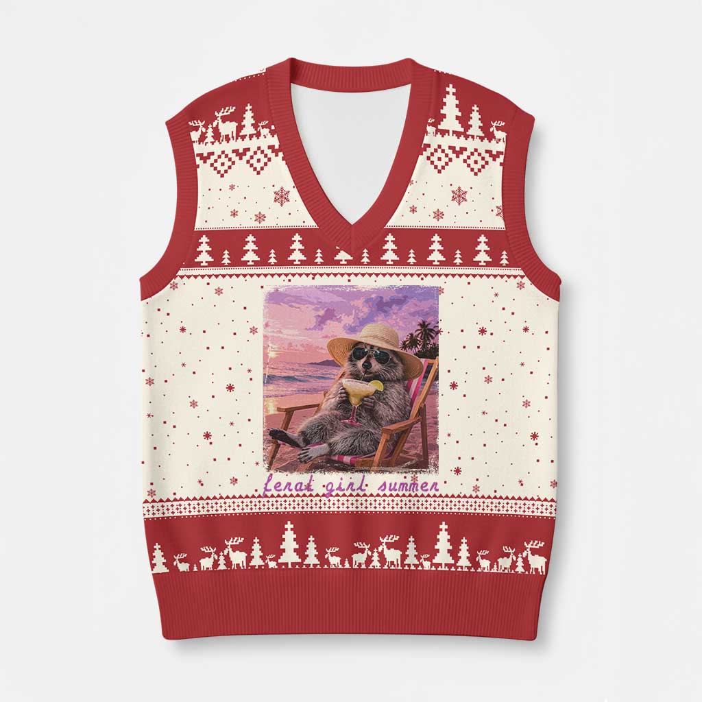 Feral Girl Summer V-Neck Knit Sweater Vest Funny Raccoon Summer Beach Meme TS14 Beige Red Print Your Wear