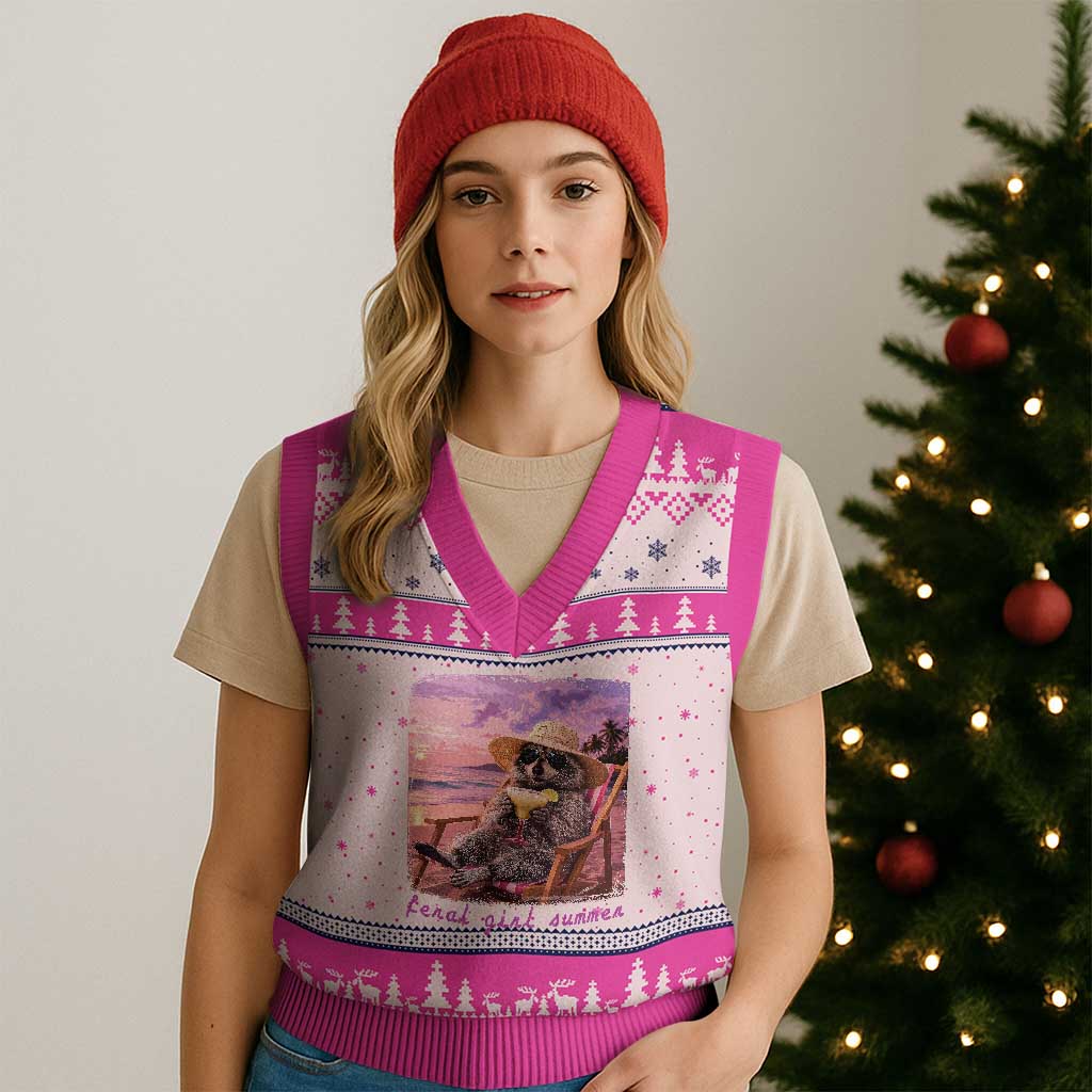 Feral Girl Summer V-Neck Knit Sweater Vest Funny Raccoon Summer Beach Meme TS14 Hot Pink Print Your Wear