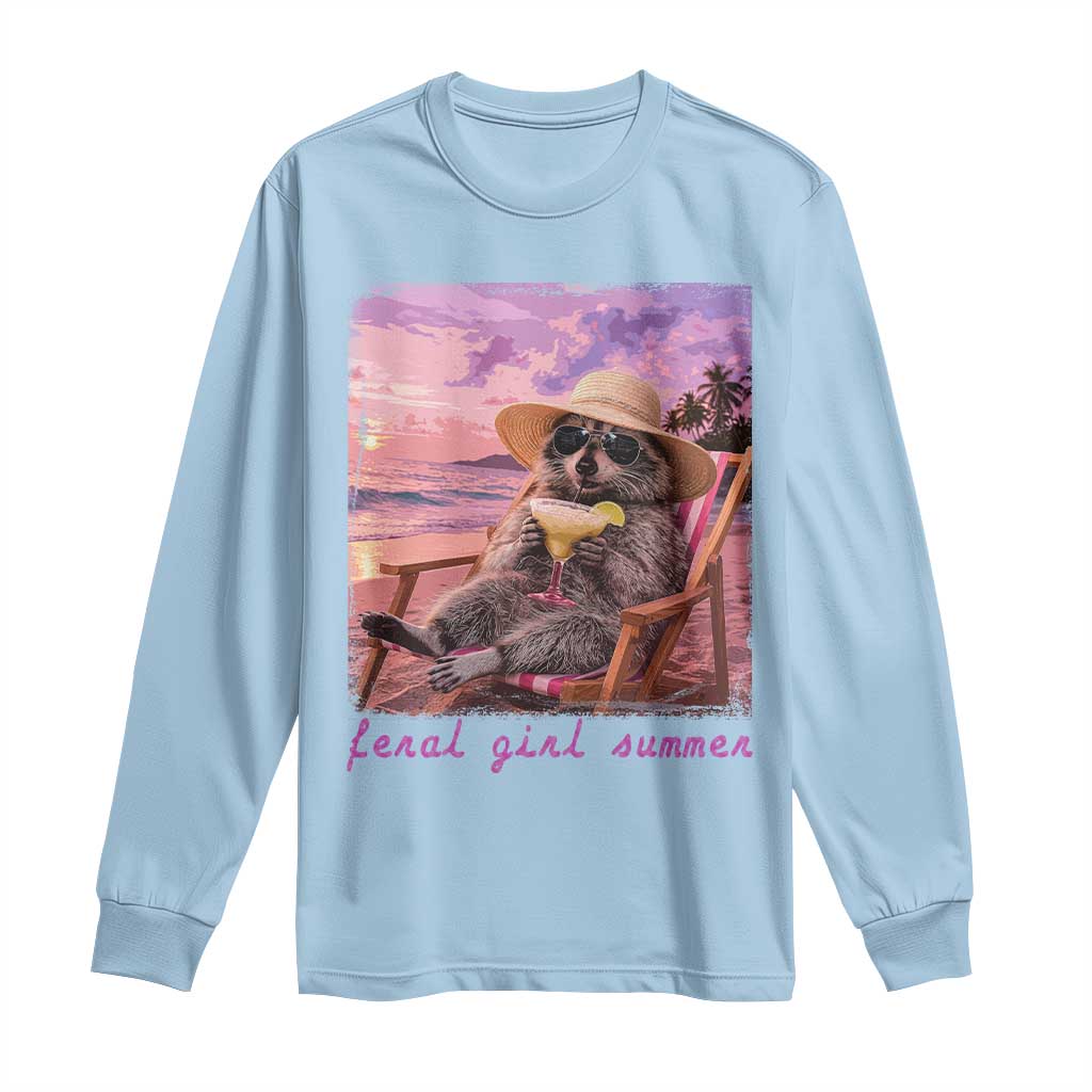 Feral Girl Summer Long Sleeve Shirt Funny Raccoon Summer Beach Meme TS14 Light Blue Print Your Wear
