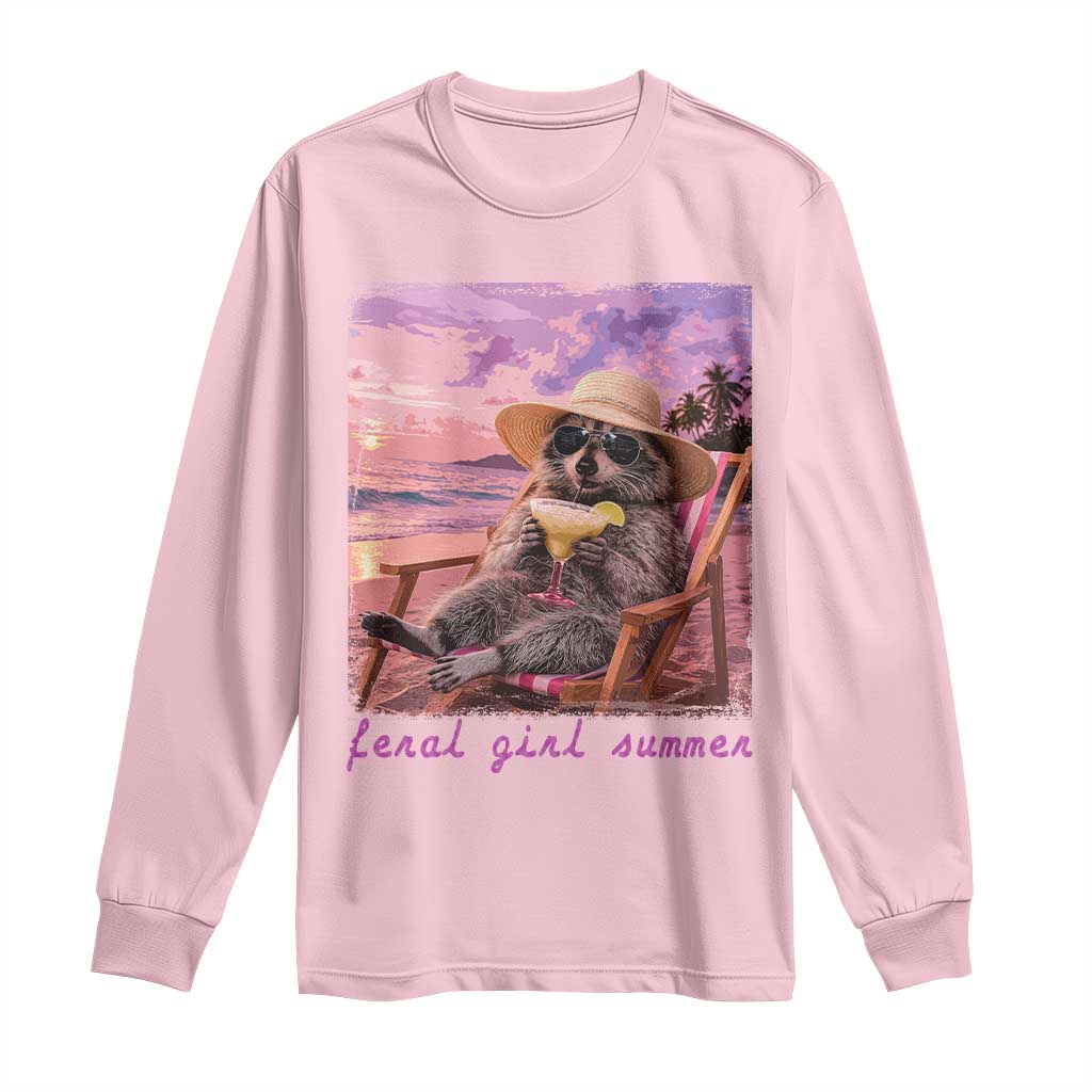 Feral Girl Summer Long Sleeve Shirt Funny Raccoon Summer Beach Meme TS14 Light Pink Print Your Wear