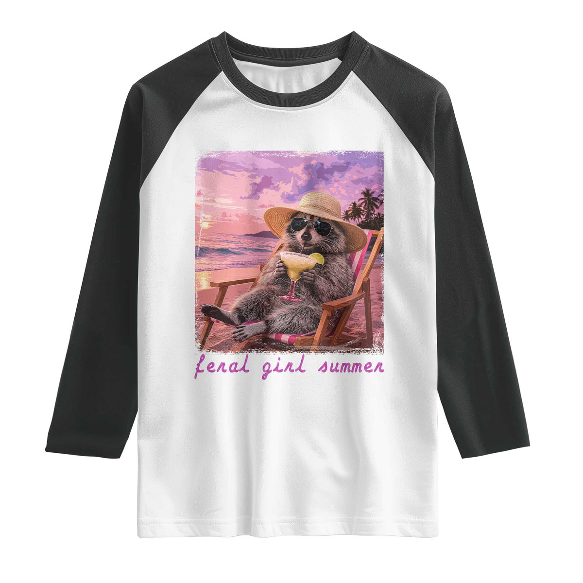 Feral Girl Summer Raglan Shirt Funny Raccoon Summer Beach Meme TS14 White Black Print Your Wear