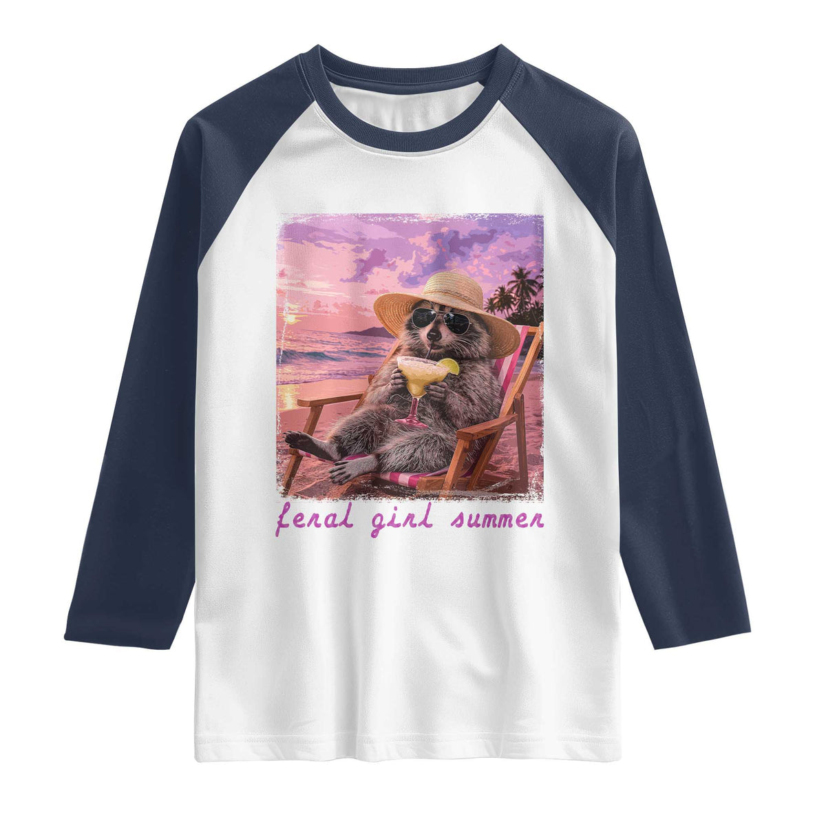 Feral Girl Summer Raglan Shirt Funny Raccoon Summer Beach Meme TS14 White Navy Print Your Wear