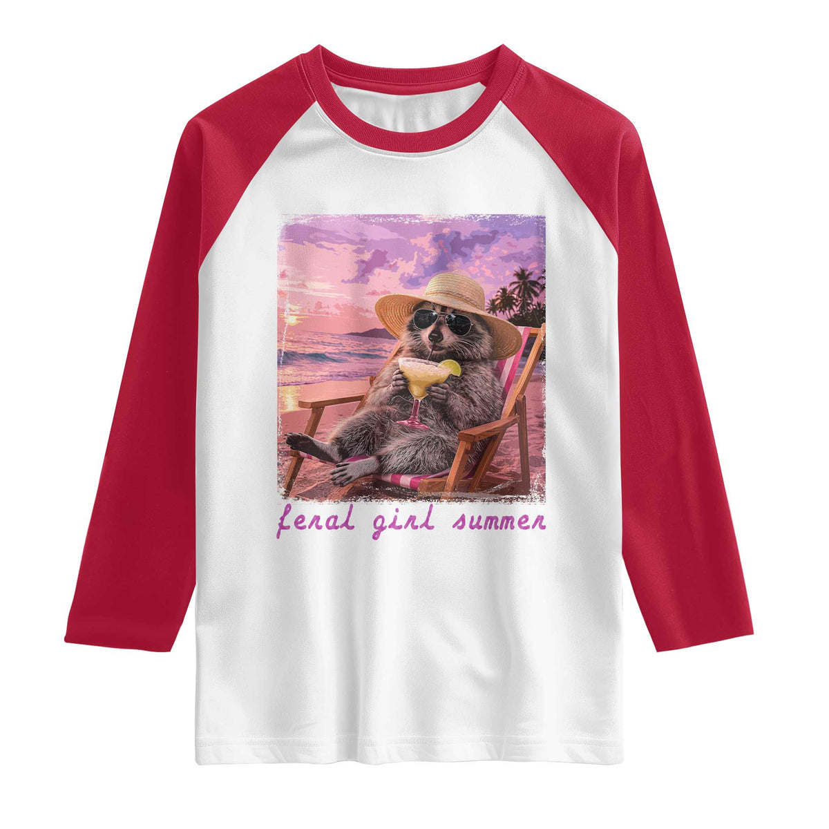 Feral Girl Summer Raglan Shirt Funny Raccoon Summer Beach Meme TS14 White Red Print Your Wear