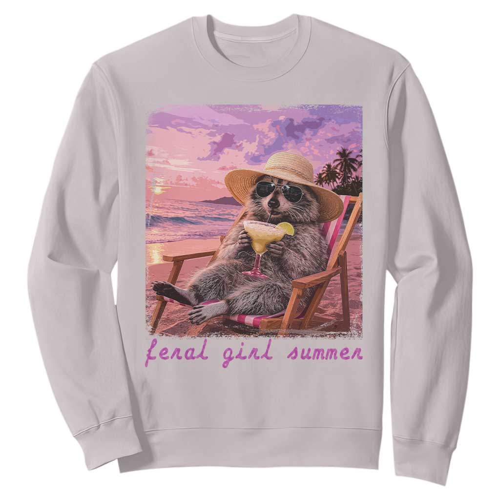Feral Girl Summer Sweatshirt Funny Raccoon Summer Beach Meme TS14 Ice Gray Print Your Wear