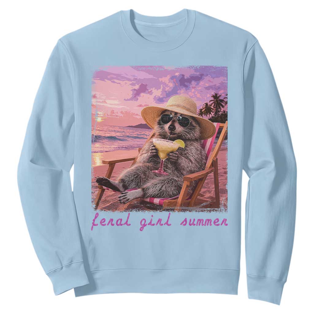Feral Girl Summer Sweatshirt Funny Raccoon Summer Beach Meme TS14 Light Blue Print Your Wear