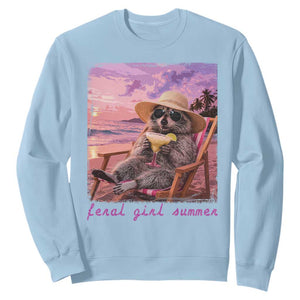 Feral Girl Summer Sweatshirt Funny Raccoon Summer Beach Meme TS14 Light Blue Print Your Wear