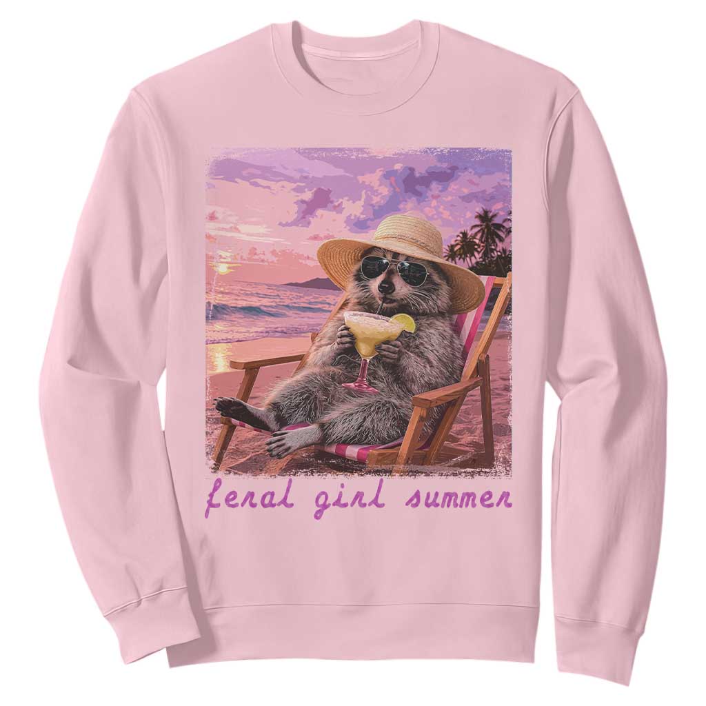 Feral Girl Summer Sweatshirt Funny Raccoon Summer Beach Meme TS14 Light Pink Print Your Wear