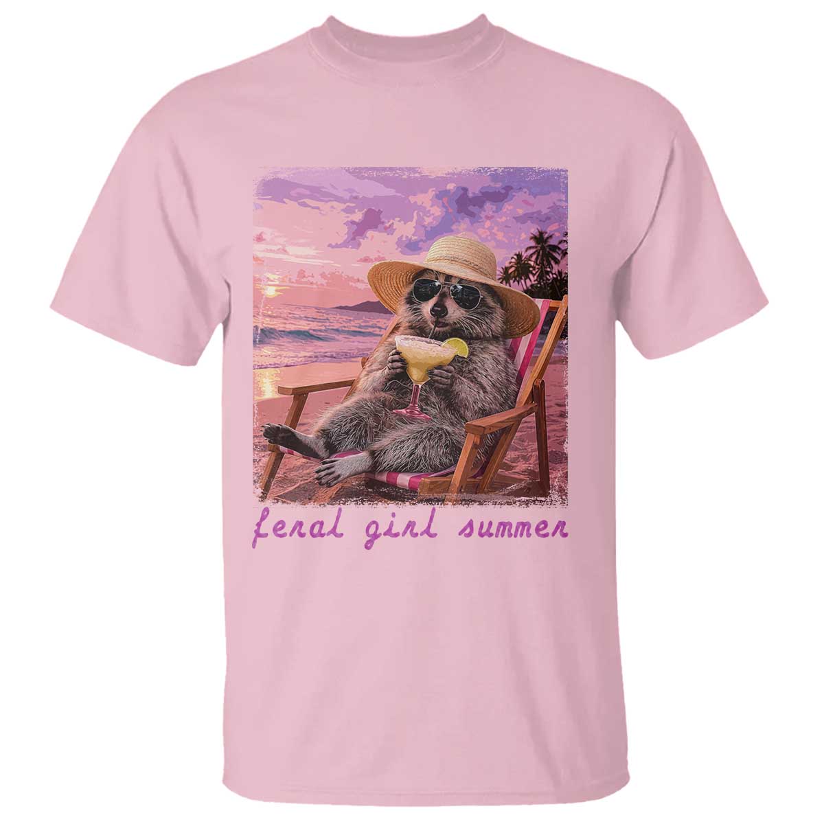 Feral Girl Summer T Shirt Funny Raccoon Summer Beach Meme TS14 Light Pink Print Your Wear