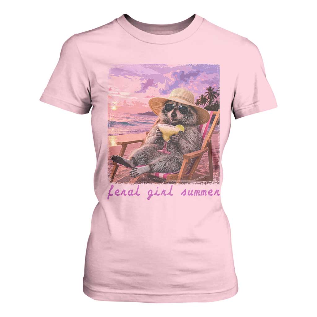 Feral Girl Summer T Shirt For Women Funny Raccoon Summer Beach Meme TS14 Light Pink Print Your Wear