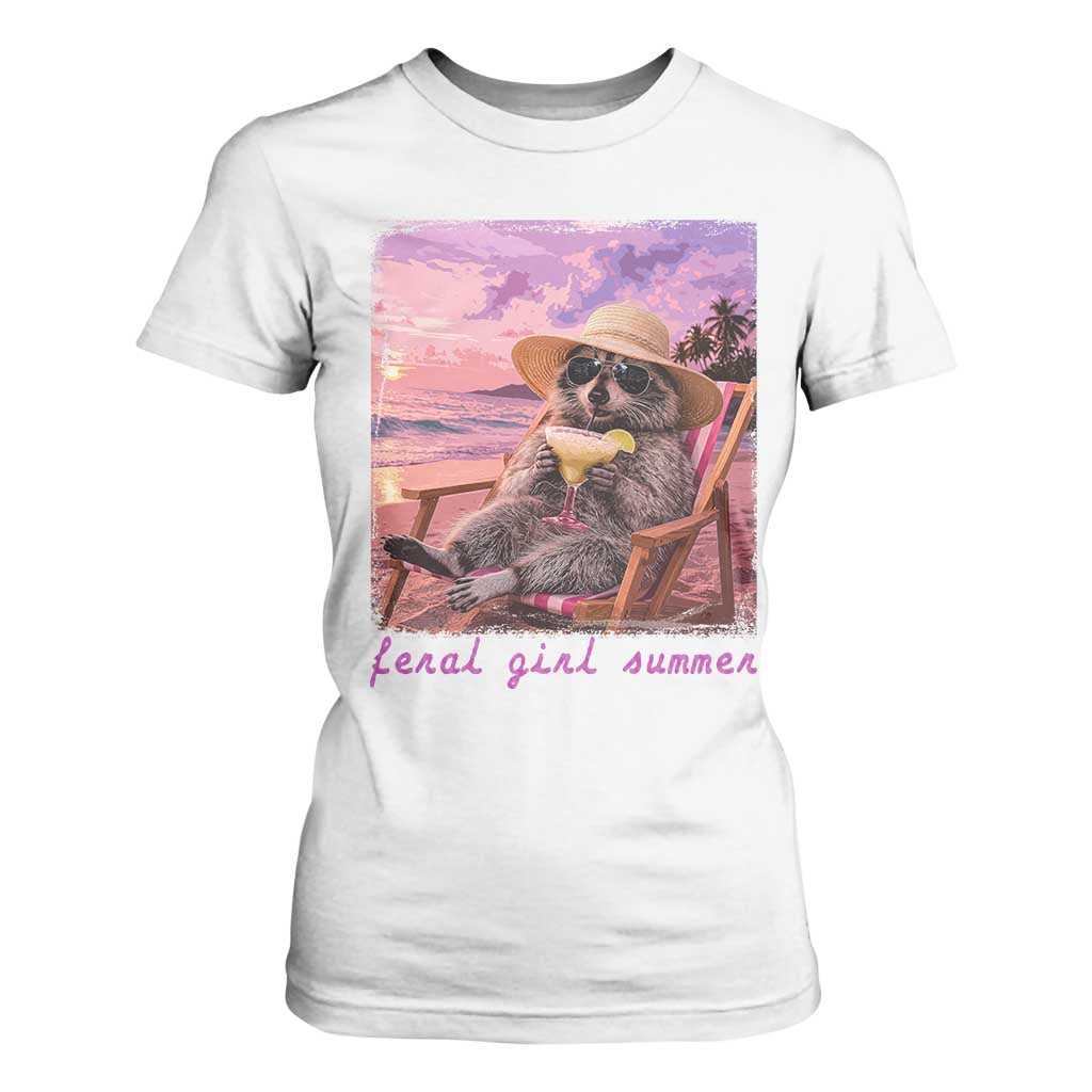 Feral Girl Summer T Shirt For Women Funny Raccoon Summer Beach Meme TS14 White Print Your Wear