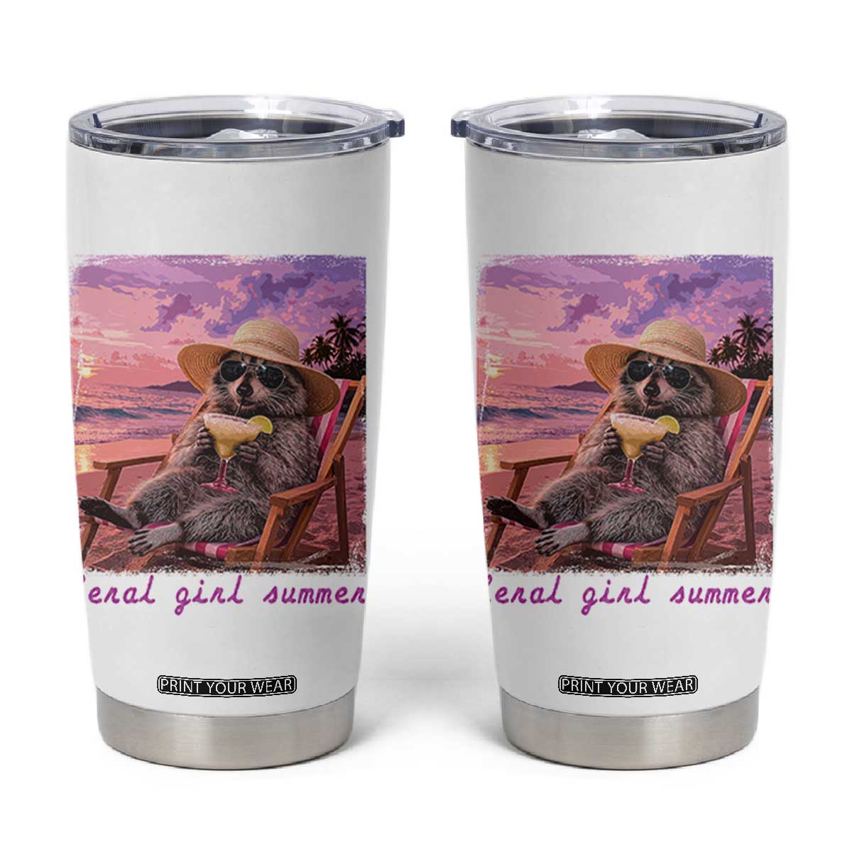 Feral Girl Summer Tumbler Cup Funny Raccoon Summer Beach Meme TS14 White Print Your Wear