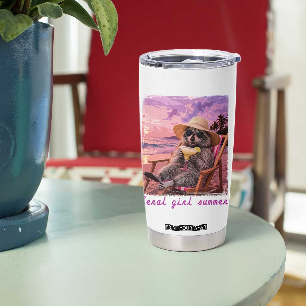 Feral Girl Summer Tumbler Cup Funny Raccoon Summer Beach Meme TS14 Print Your Wear