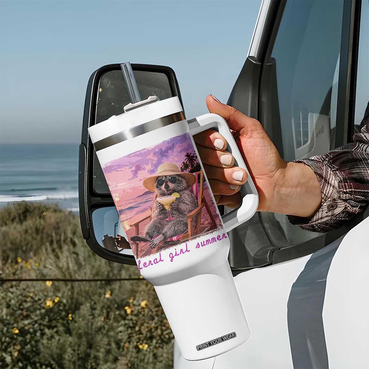 Feral Girl Summer Tumbler With Handle Funny Raccoon Summer Beach Meme TS14 Print Your Wear