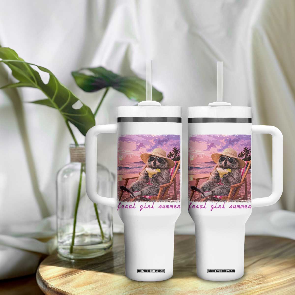 Feral Girl Summer Tumbler With Handle Funny Raccoon Summer Beach Meme TS14 Print Your Wear