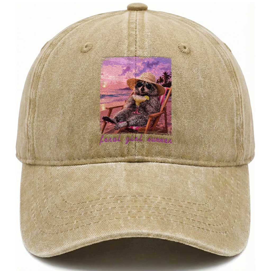 Feral Girl Summer Washed Cotton Baseball Cap Funny Raccoon Summer Beach Meme TS14 Print Your Wear
