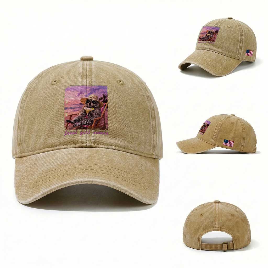 Feral Girl Summer Washed Cotton Baseball Cap Funny Raccoon Summer Beach Meme TS14 Washed Cap Universal Fit Khaki Print Your Wear