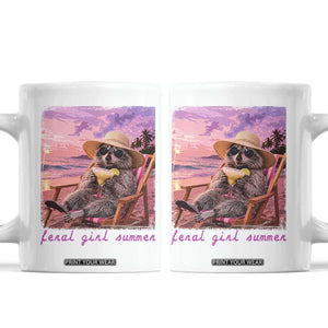 Feral Girl Summer Coffee Mug Funny Raccoon Summer Beach Meme TS14 White Print Your Wear