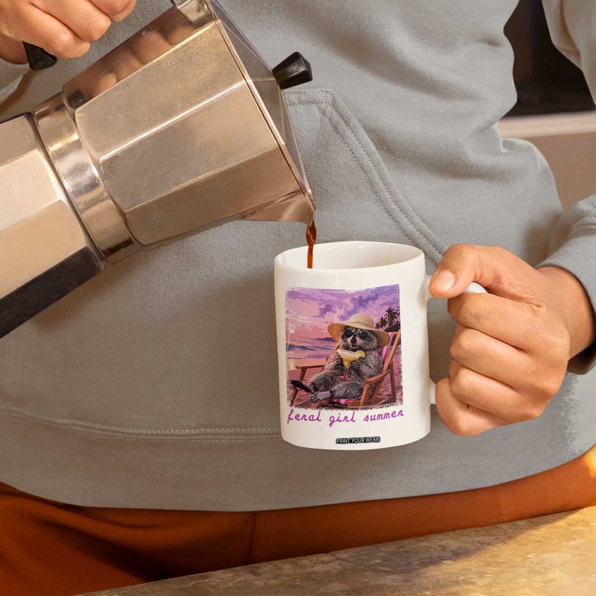 Feral Girl Summer Coffee Mug Funny Raccoon Summer Beach Meme TS14 Print Your Wear