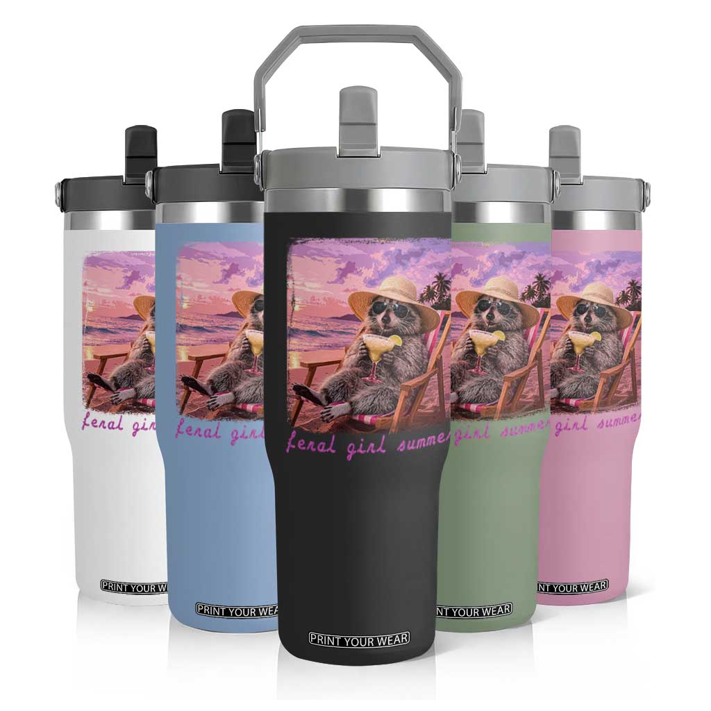 Feral Girl Summer Flip Straw Tumbler Funny Raccoon Summer Beach Meme TS14 Print Your Wear