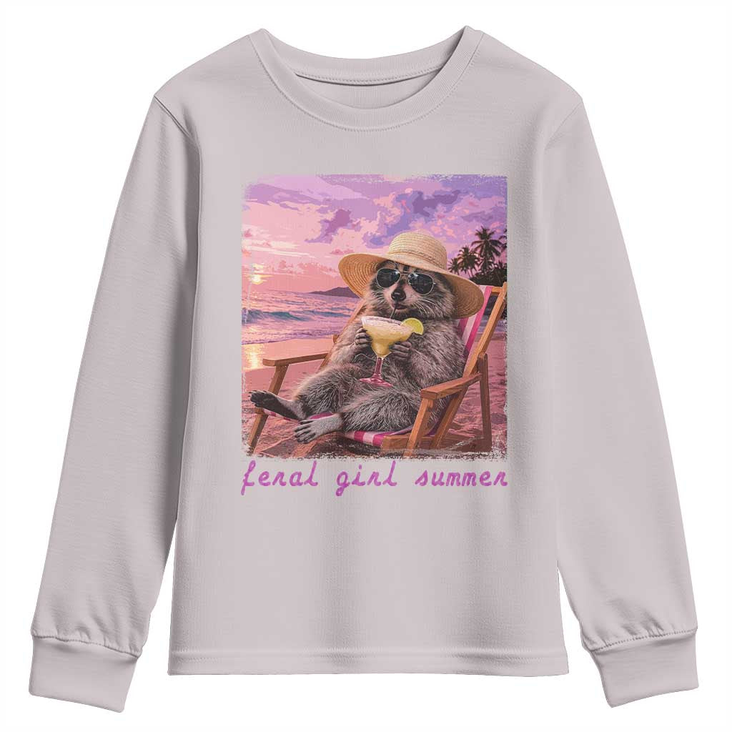 Feral Girl Summer Youth Sweatshirt Funny Raccoon Summer Beach Meme TS14 Ice Gray Print Your Wear