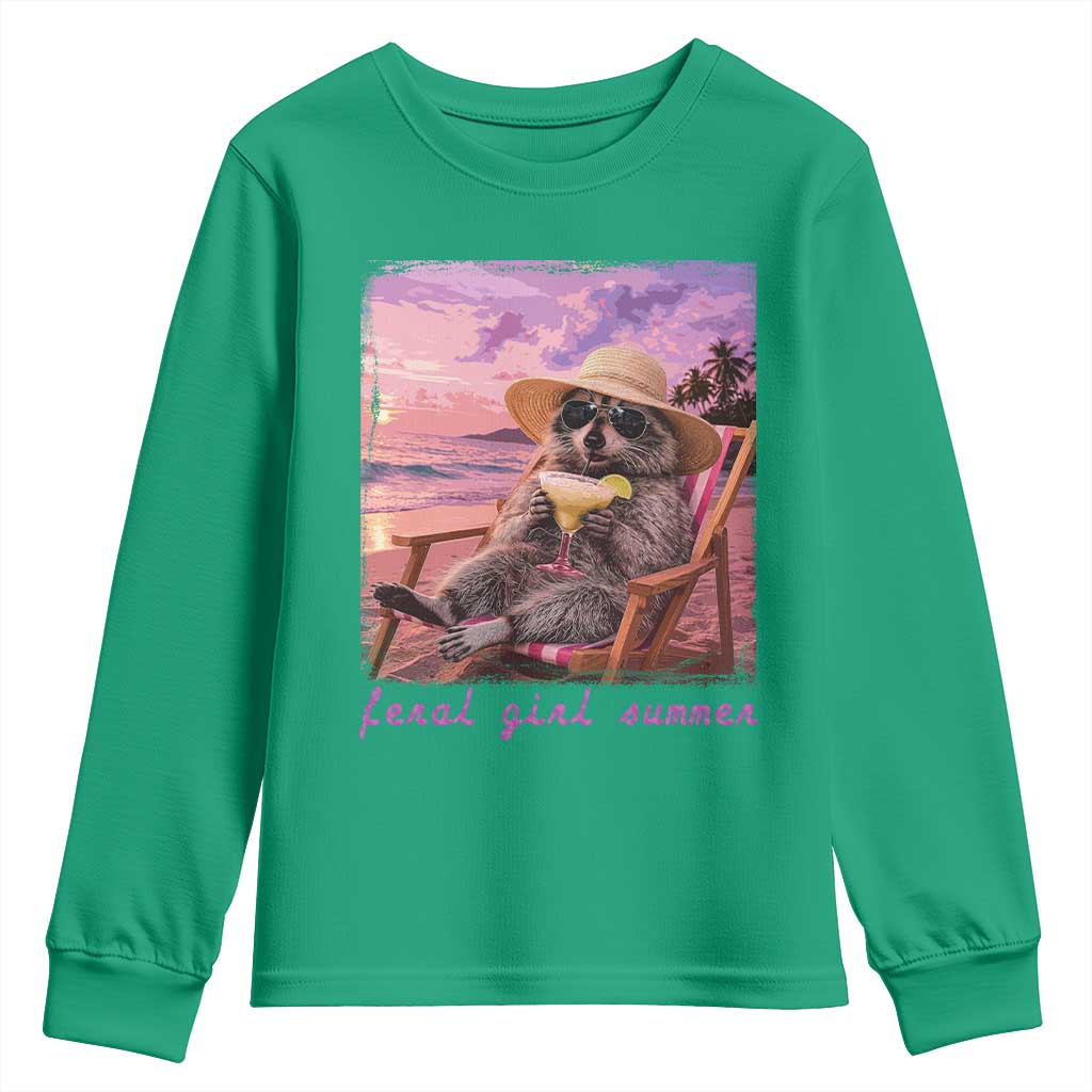 Feral Girl Summer Youth Sweatshirt Funny Raccoon Summer Beach Meme TS14 Irish Green Print Your Wear