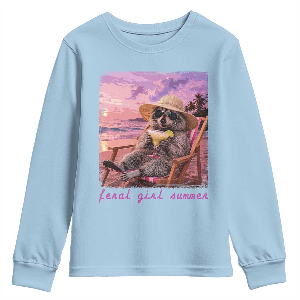 Feral Girl Summer Youth Sweatshirt Funny Raccoon Summer Beach Meme TS14 Light Blue Print Your Wear