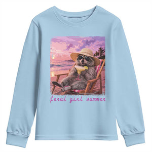 Feral Girl Summer Youth Sweatshirt Funny Raccoon Summer Beach Meme TS14 Light Blue Print Your Wear