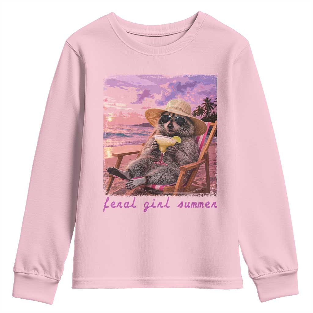 Feral Girl Summer Youth Sweatshirt Funny Raccoon Summer Beach Meme TS14 Light Pink Print Your Wear