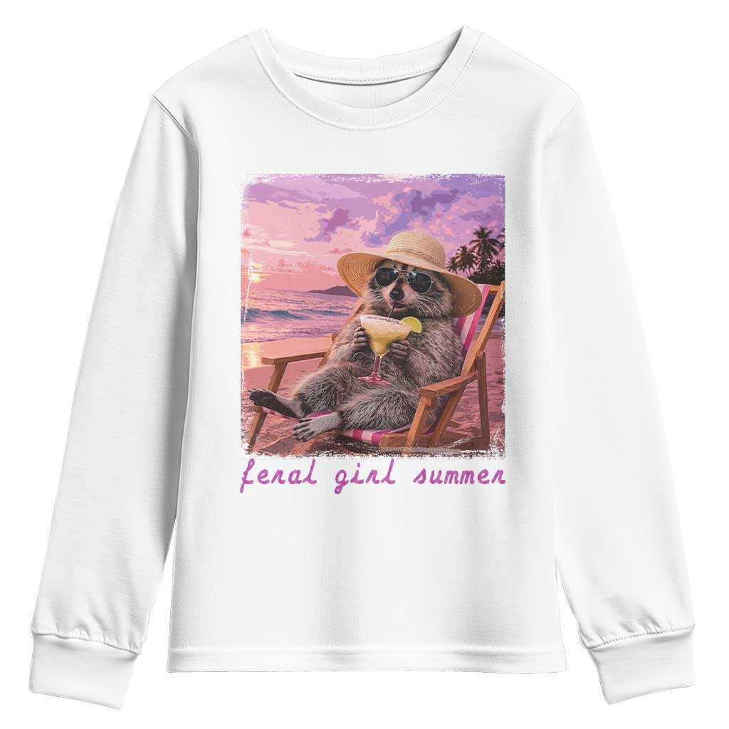 Feral Girl Summer Youth Sweatshirt Funny Raccoon Summer Beach Meme TS14 White Print Your Wear