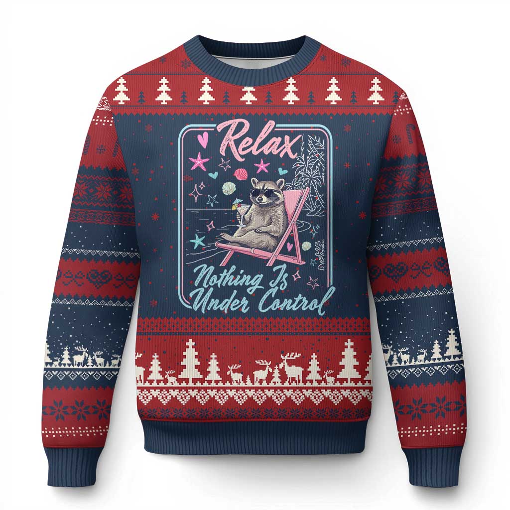 Relax Nothing Is Under Control Ugly Christmas Sweater Chill Raccoon Beach Vacation Gift TS14 Navy Red Print Your Wear