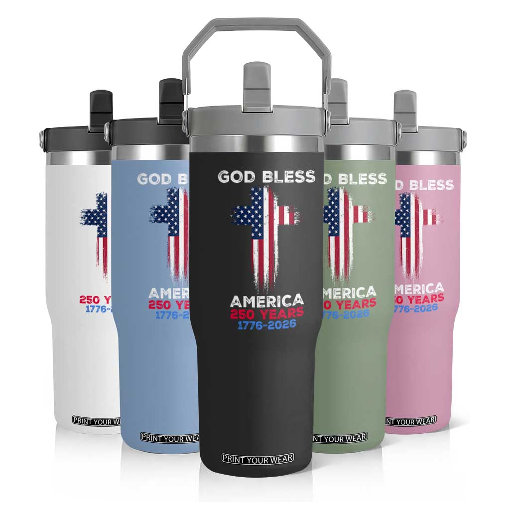 God Bless America 250 Years 1776-2026 Flip Straw Tumbler Christian Cross Flag TS14 Print Your Wear
