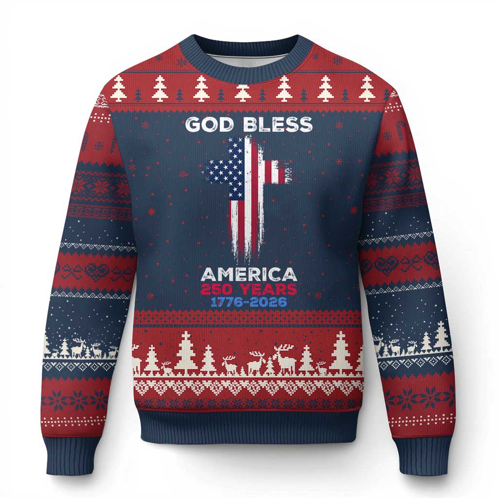 God Bless America 250 Years 1776-2026 Ugly Christmas Sweater Christian Cross Flag TS14 Navy Red Print Your Wear