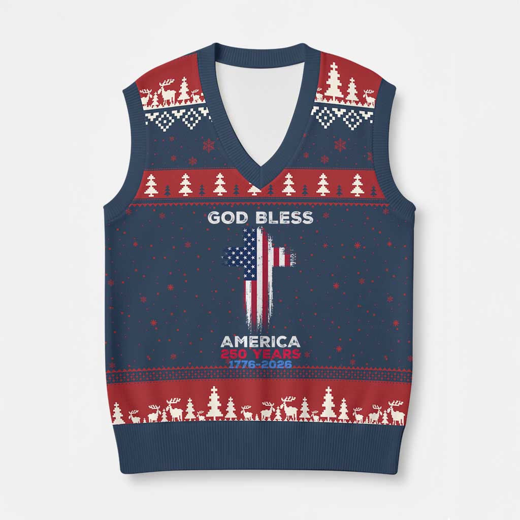 God Bless America 250 Years 1776-2026 V-Neck Knit Sweater Vest Christian Cross Flag TS14 Navy Red Print Your Wear