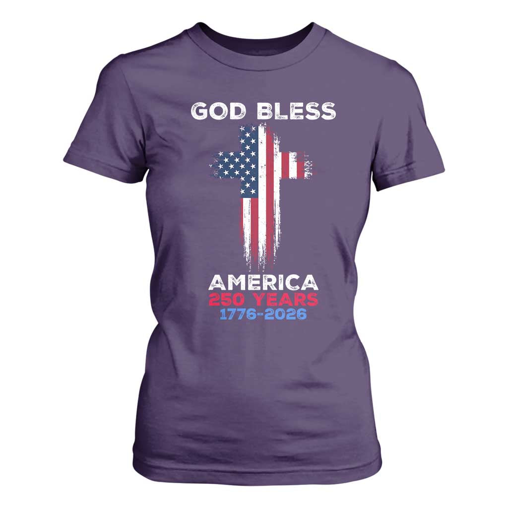 God Bless America 250 Years 1776-2026 T Shirt For Women Christian Cross Flag TS14 Purple Print Your Wear