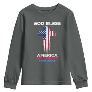 God Bless America 250 Years 1776-2026 Youth Sweatshirt Christian Cross Flag TS14 Dark Heather Print Your Wear