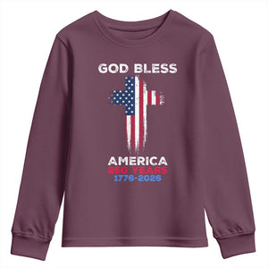 God Bless America 250 Years 1776-2026 Youth Sweatshirt Christian Cross Flag TS14 Maroon Print Your Wear