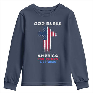 God Bless America 250 Years 1776-2026 Youth Sweatshirt Christian Cross Flag TS14 Navy Print Your Wear
