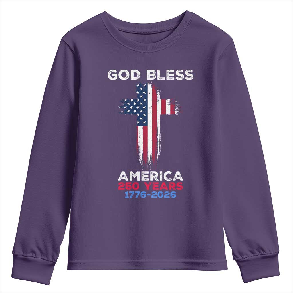 God Bless America 250 Years 1776-2026 Youth Sweatshirt Christian Cross Flag TS14 Purple Print Your Wear