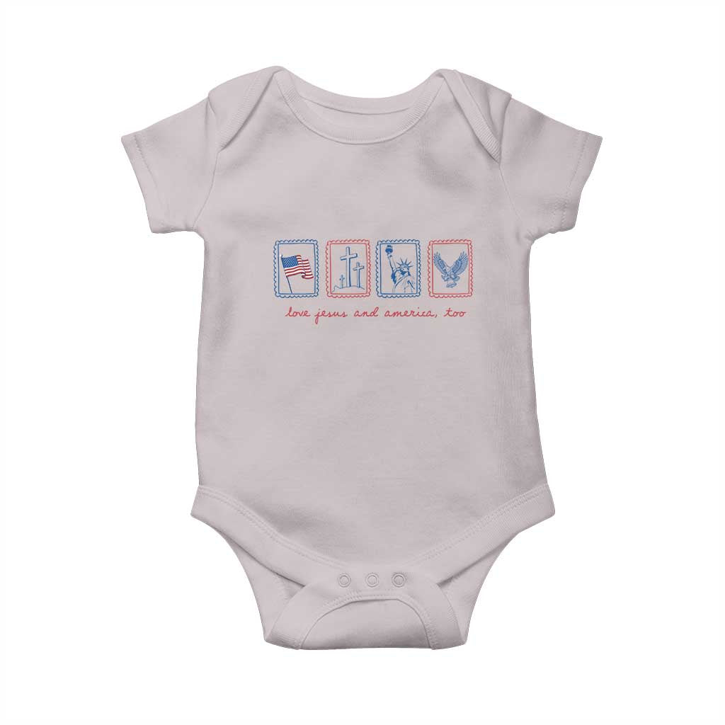 Loves Jesus and America Too Baby Onesie 4th of July Christian TS14 Ice Gray Print Your Wear