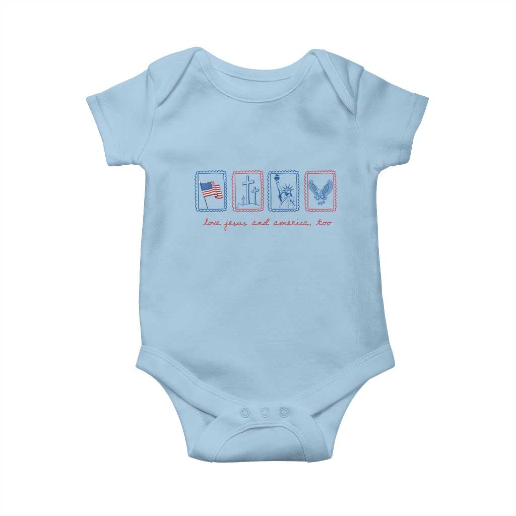 Loves Jesus and America Too Baby Onesie 4th of July Christian TS14 Light Blue Print Your Wear