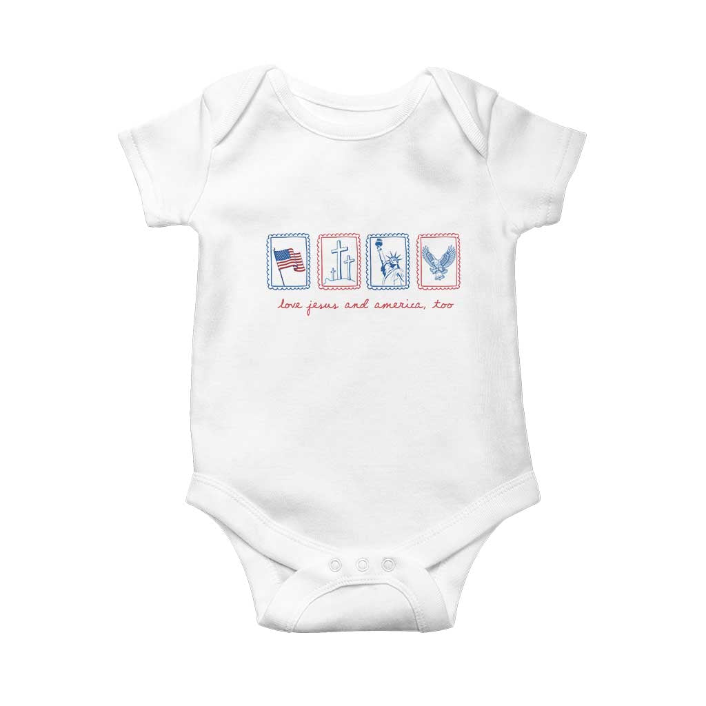 Loves Jesus and America Too Baby Onesie 4th of July Christian TS14 White Print Your Wear
