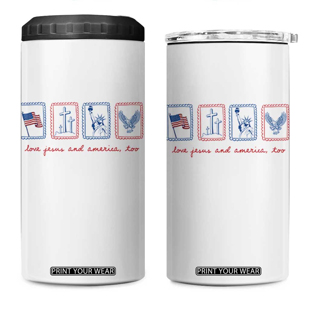 Loves Jesus and America Too 4 in 1 Can Cooler Tumbler 4th of July Christian TS14 One Size: 16 oz White Print Your Wear