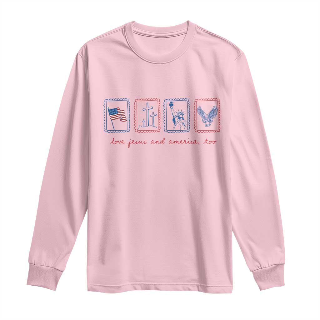 Loves Jesus and America Too Long Sleeve Shirt 4th of July Christian TS14 Light Pink Print Your Wear