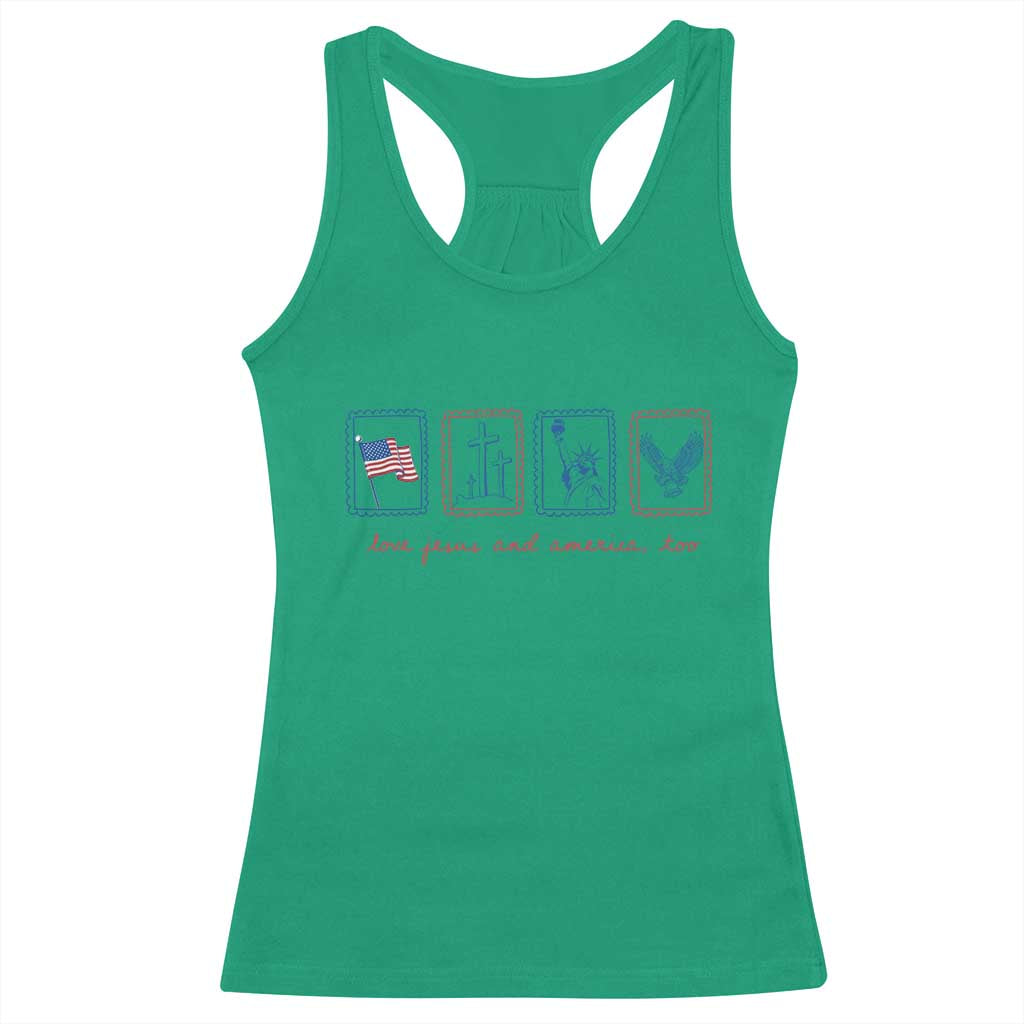 Loves Jesus and America Too Racerback Tank Top 4th of July Christian TS14 Irish Green Print Your Wear