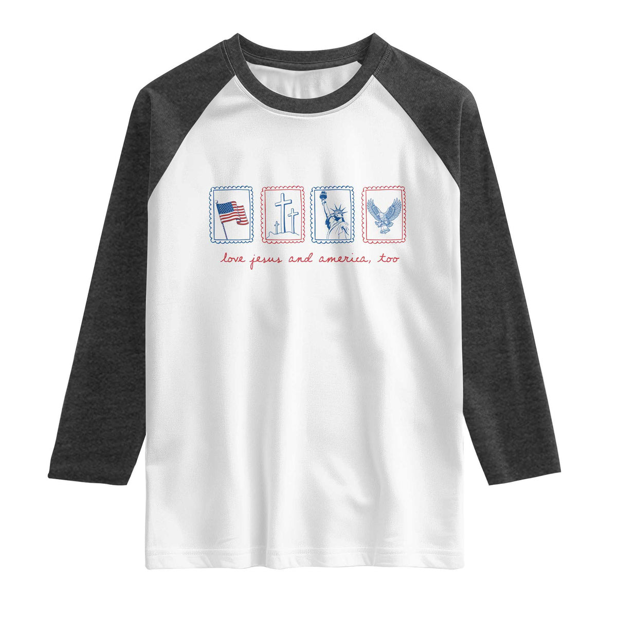 Loves Jesus and America Too Raglan Shirt 4th of July Christian TS14 White Heather Charcoal Print Your Wear