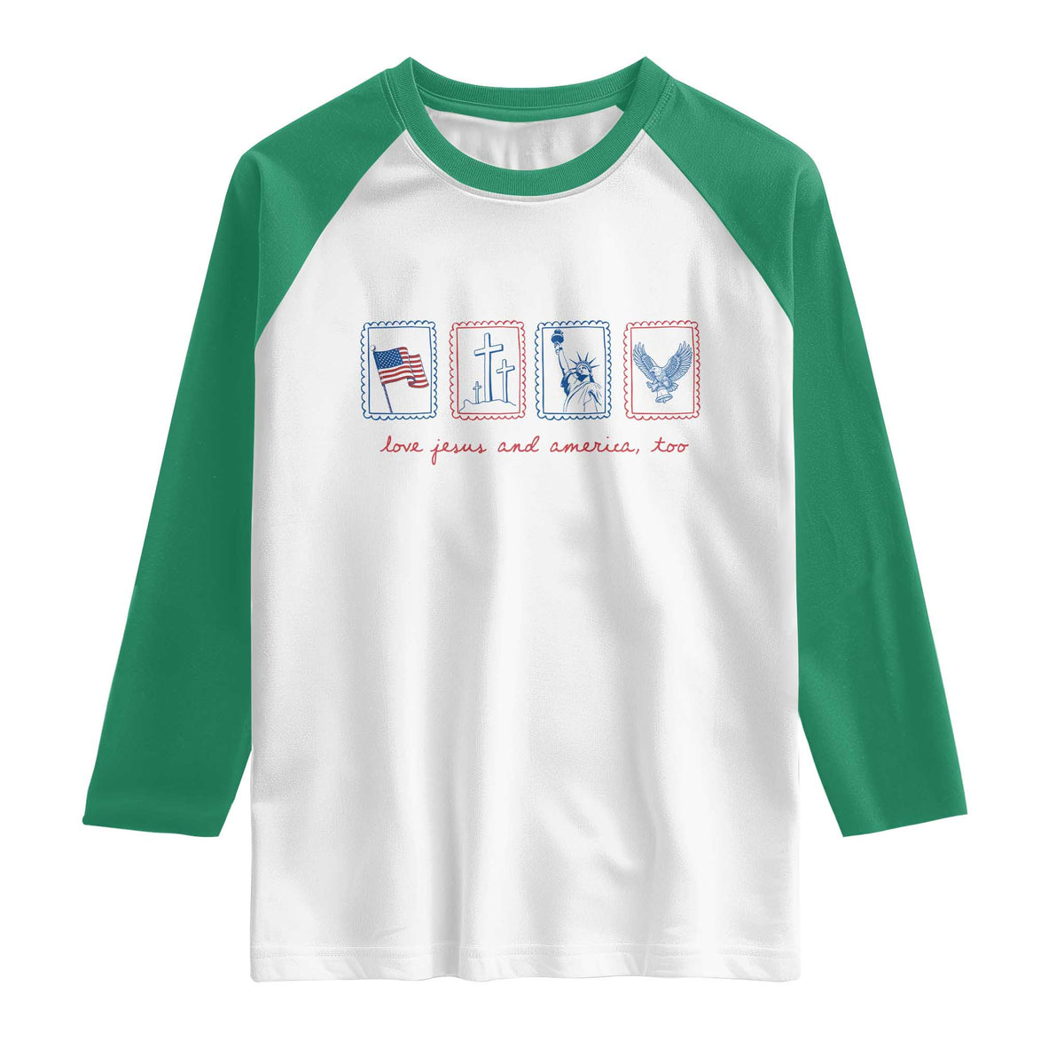 Loves Jesus and America Too Raglan Shirt 4th of July Christian TS14 White Kelly Green Print Your Wear